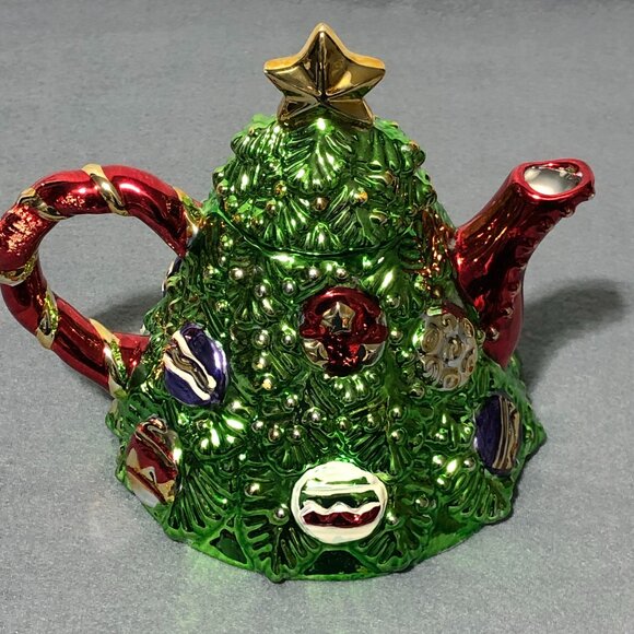 Ceramic Christmas Tree Teapot Hand Painted Metallic Glazed 1998 By Allure Home - Picture 1 of 16